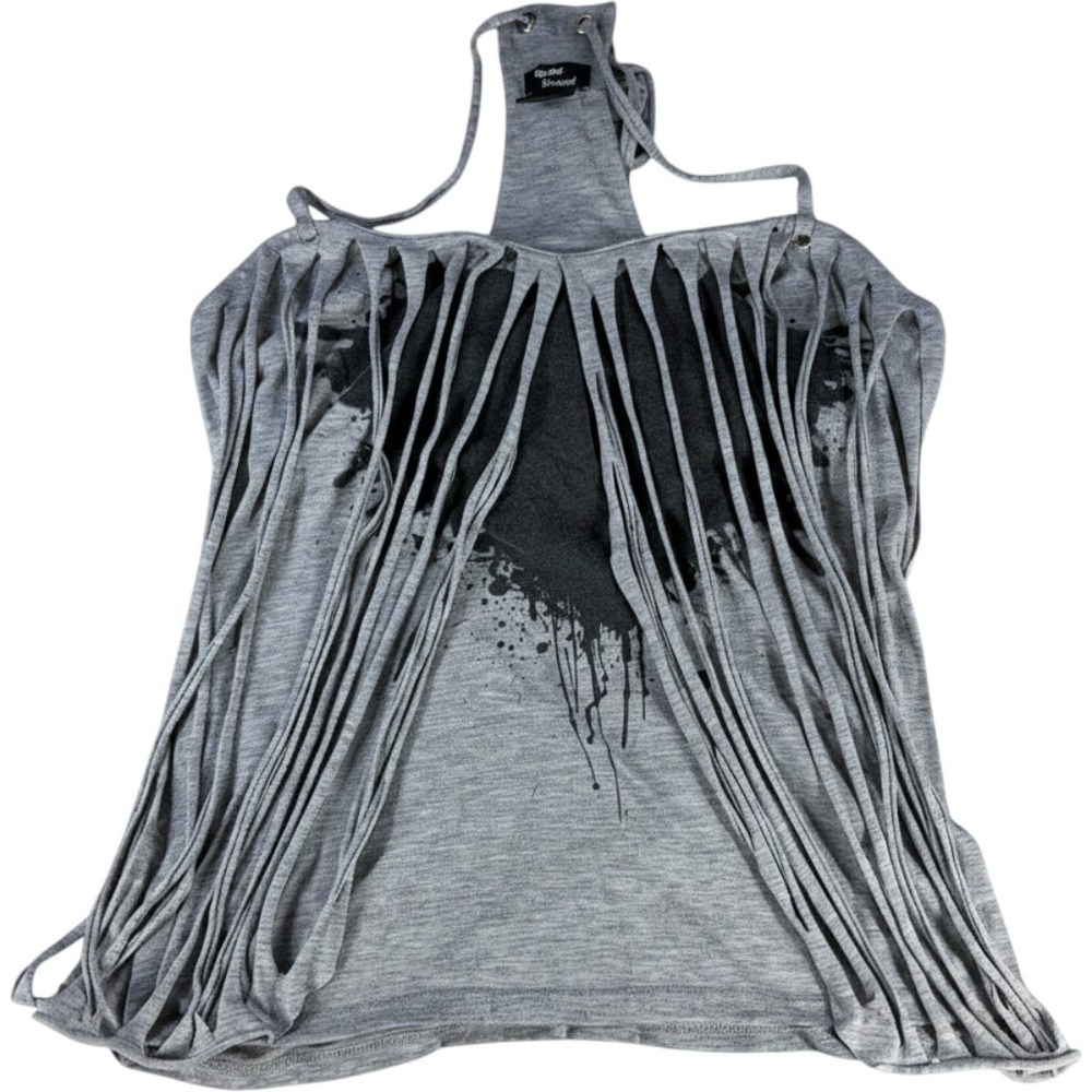 Teenage Runaway Womens Gray Fringe Cutout Graphic Tank Top Punk Goth Y2K